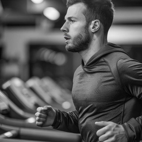 A young male athlete in the gym, running on a treadmill to improve his cardiovascular health and endurance.